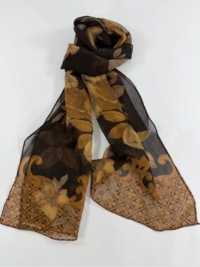 Liz Claiborne Floral Chiffon Scarf Brown Gold Sheer Rose Print 54x12